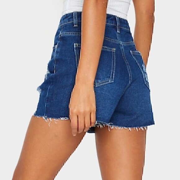 PRETTYLITTLETHING Dark Blue Wash Distressed Denim Mom Shorts Ripped High Waisted - Picture 5 of 15